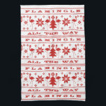 Flamingle all the Way Christmas Sweater Red Tea Towel<br><div class="desc">Red Christmas sweater inspired pattern with illustrations of flamingos,  Christmas trees,  and snowflakes.  Text says,  "Flamingle all the way."</div>