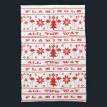 Flamingle all the Way Christmas Sweater Red Tea Towel<br><div class="desc">Red Christmas sweater inspired pattern with illustrations of flamingos,  Christmas trees,  and snowflakes.  Text says,  "Flamingle all the way."</div>
