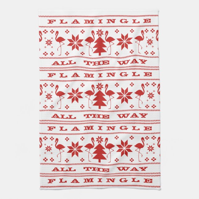 Flamingle all the Way Christmas Sweater Red Tea Towel (Vertical)