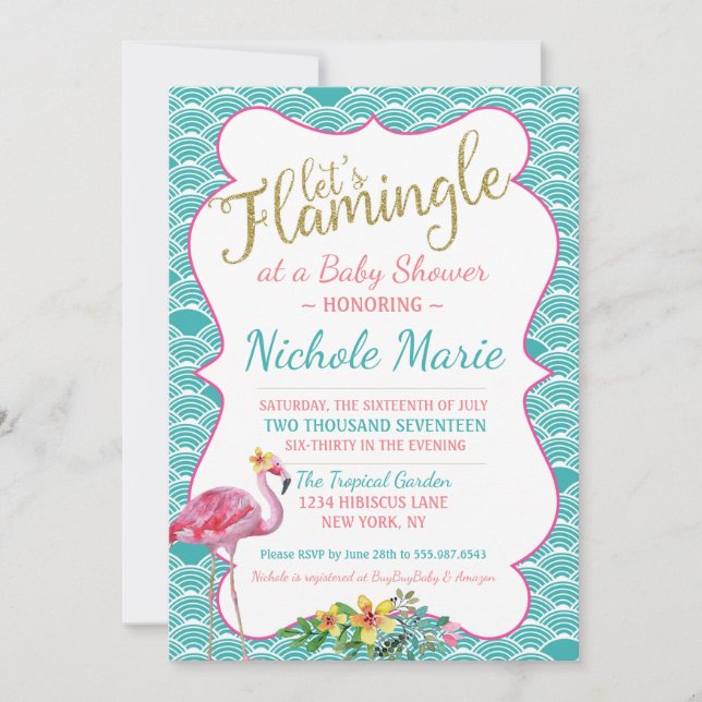 Flamingle Baby Shower Invitation Teal Pink Gold (Front)