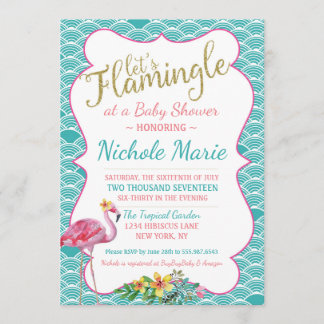 Flamingle Baby Shower Invitation Teal Pink Gold