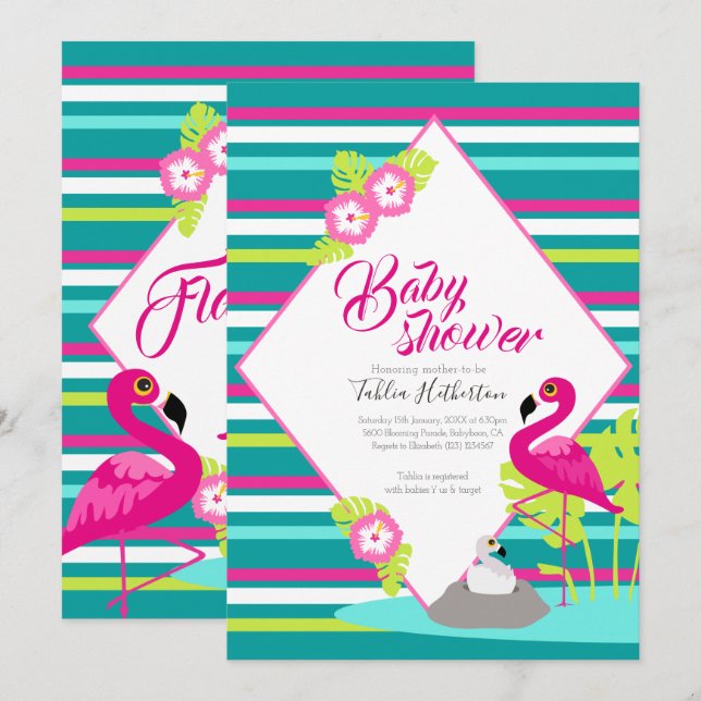 Flamingle flamingo baby shower invitations (Front/Back)