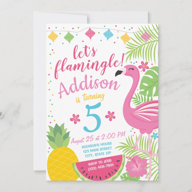 Flamingle Party Birthday Invitation Flamingo Pool (Front)