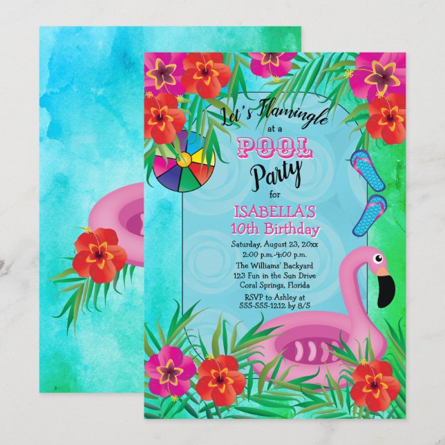 Flamingle Pink Floral 10th Birthday Pool Party Invitation (Front/Back)