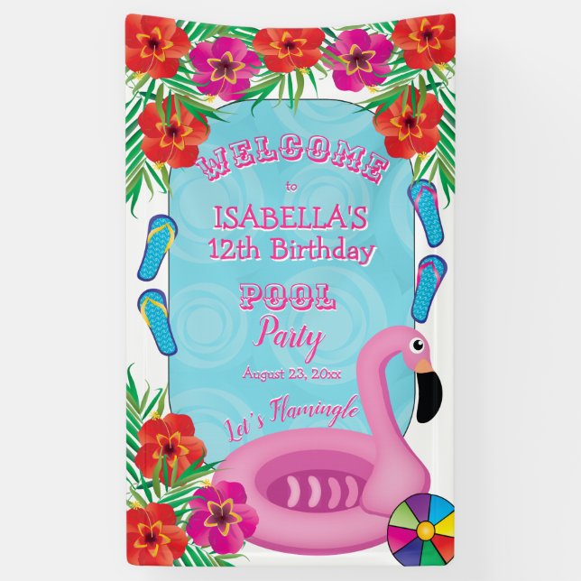 Flamingle Pink Floral 12th Birthday Pool Party Banner (Vertical)