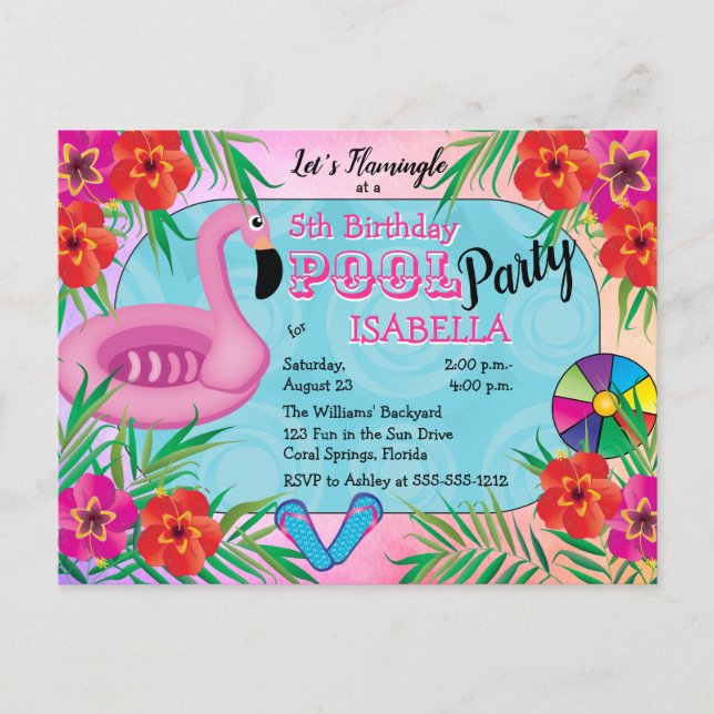 Flamingle Pink Floral 5th Birthday Pool Party Invitation Postcard (Front)