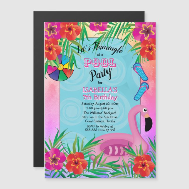 Flamingle Pink Floral 7th Birthday Pool Party Magnetic Invitation (Front/Back)
