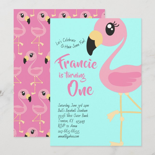 Flamingo 1st Birthday Cute Invitations (Front/Back)