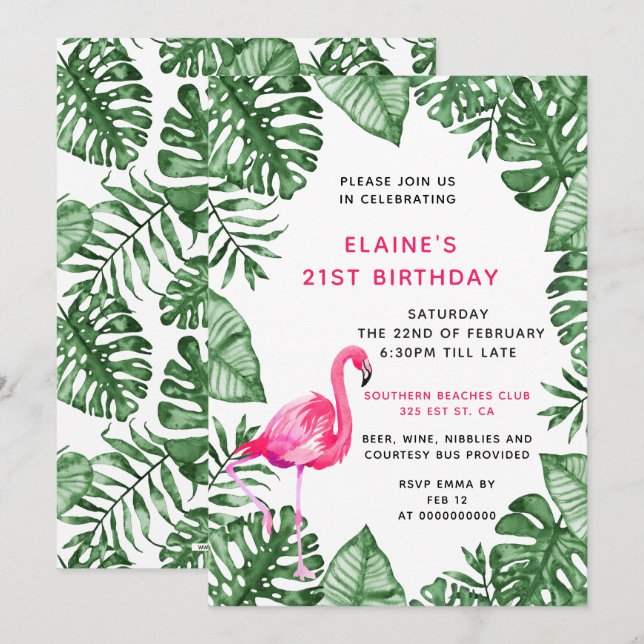 Flamingo 21st Birthday party Invitation (Front/Back)