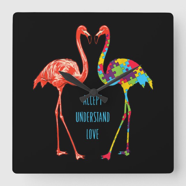 Flamingo | Accept Understand Love Autism Flamingo Square Wall Clock (Front)