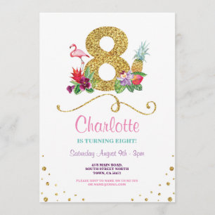 Flamingo Aloha 8th Eight 8 Birthday Party Invite