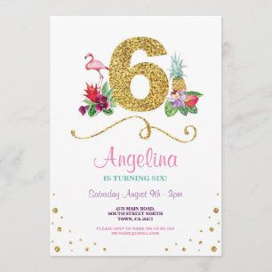 Flamingo Aloha Sixth 6th Six Birthday Party Invite