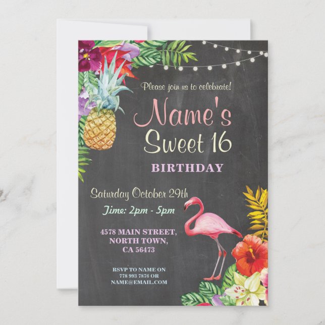 Flamingo Aloha Sweet 16 16th Birthday Party Invite (Front)