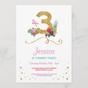 Flamingo Aloha Third 3rd 3 Birthday Party Invite