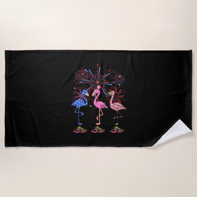 Flamingo American Flag For 4th July Beach Towel (Front)