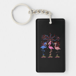 Flamingo American Flag For 4th July Key Ring