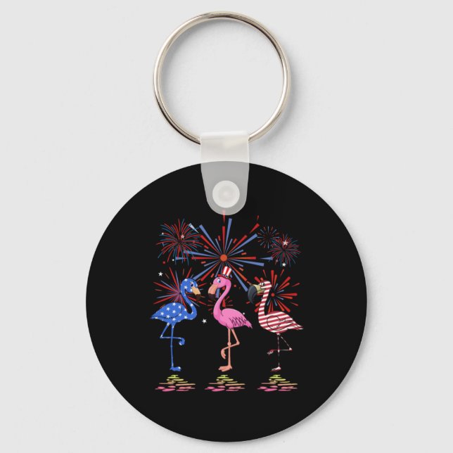 Flamingo American Flag For 4th July Key Ring (Front)