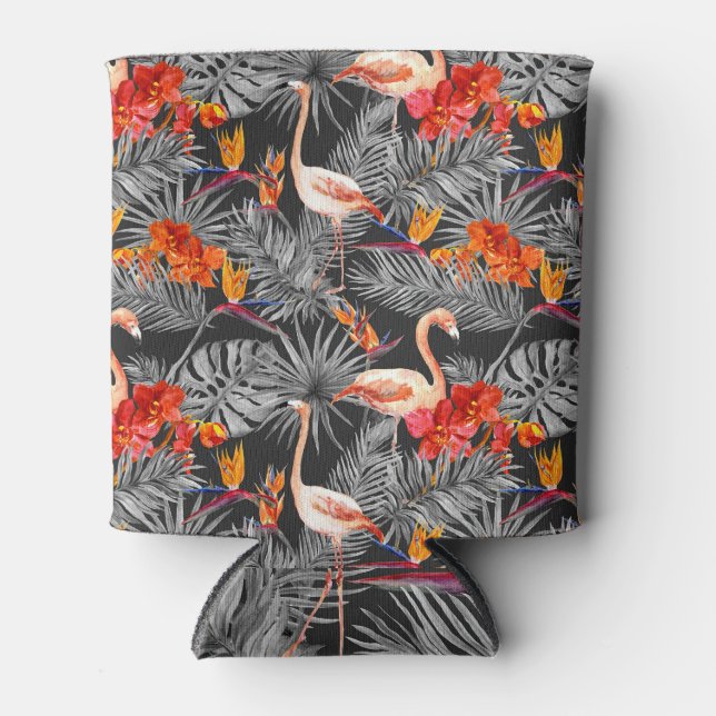 Flamingo and flowers, monochrome pattern. can cooler (Front)