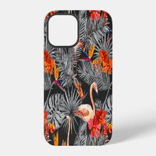 Flamingo and flowers, monochrome pattern. iPhone 12 case