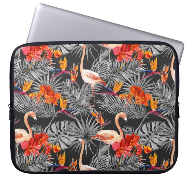 Flamingo and flowers, monochrome pattern. laptop sleeve (Front)