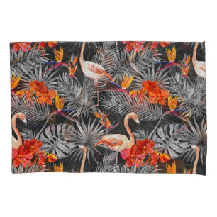 Flamingo and flowers, monochrome pattern. pillowcase