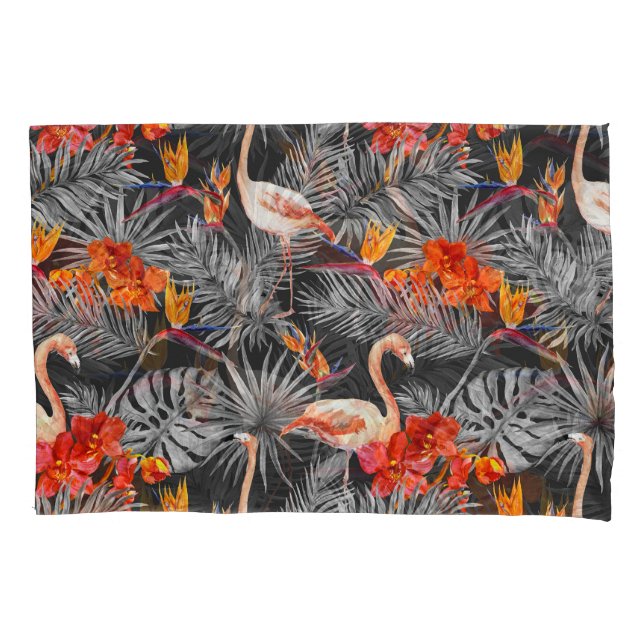 Flamingo and flowers, monochrome pattern. pillowcase (Front)