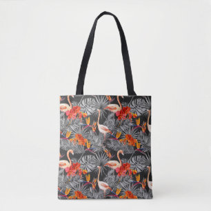 Flamingo and flowers, monochrome pattern. tote bag