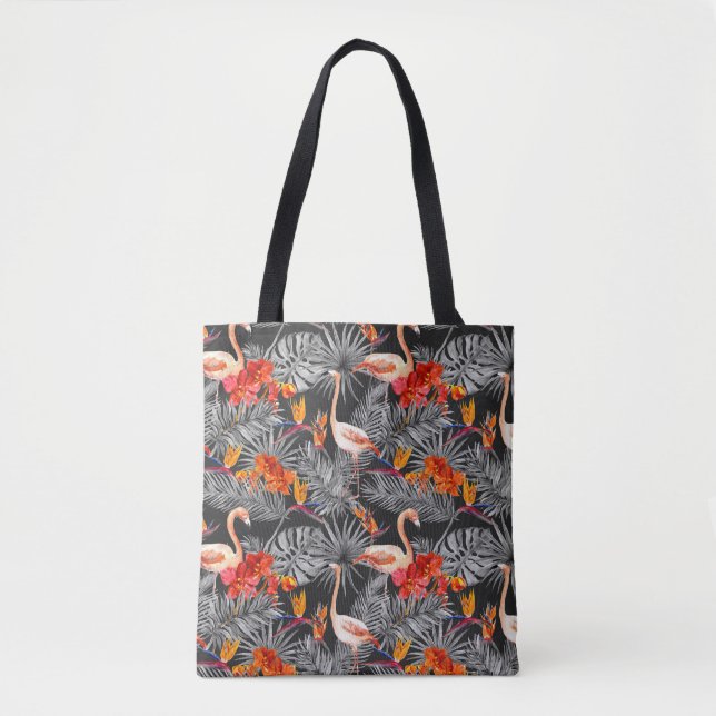 Flamingo and flowers, monochrome pattern. tote bag (Front)