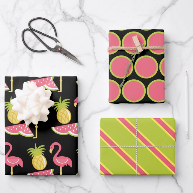 Flamingo and Fruit Wrapping Paper Sheet Set (Front)
