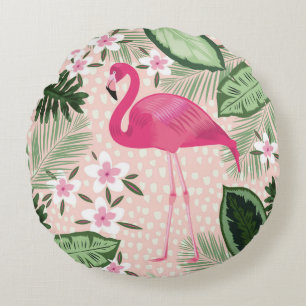 Flamingo and palm trees seamless pattern illustrat round cushion