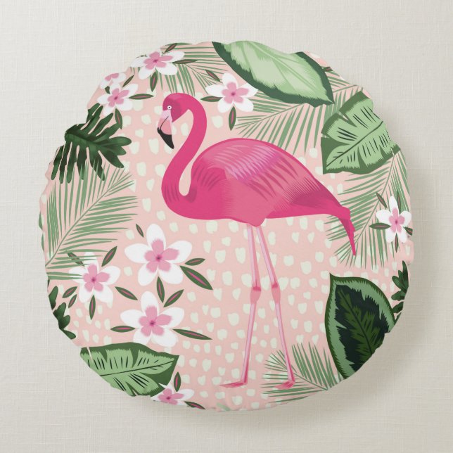 Flamingo and palm trees seamless pattern illustrat round cushion (Front)