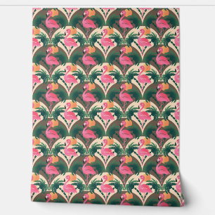 Flamingo and Palms Retro brown pattern Wallpaper