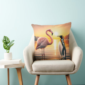 Flamingo and Penguin Sunset Encounter Cushion