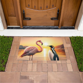 Flamingo and Penguin Sunset Encounter Doormat