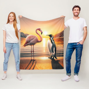 Flamingo and Penguin Sunset Encounter Fleece Blanket