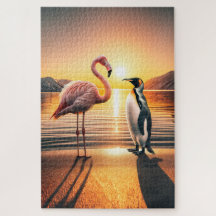 Flamingo and Penguin Sunset Encounter
