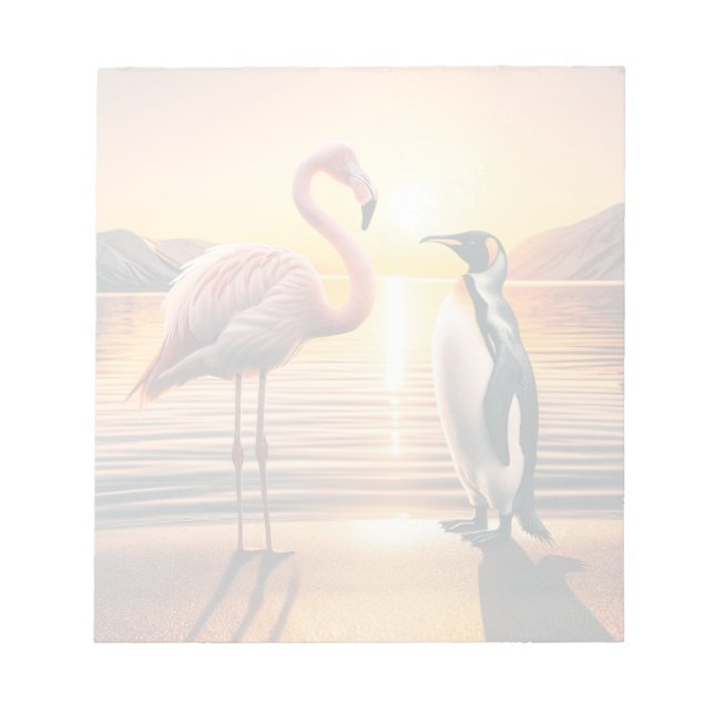 Flamingo and Penguin Sunset Encounter Notepad (Front)