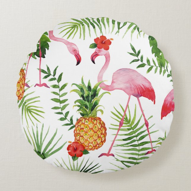 Flamingo and pineapple round cushion (Front)