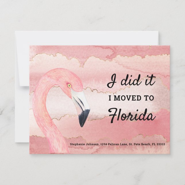 Flamingo and Pink Clouds Moved to Florida New Home Announcement (Front)