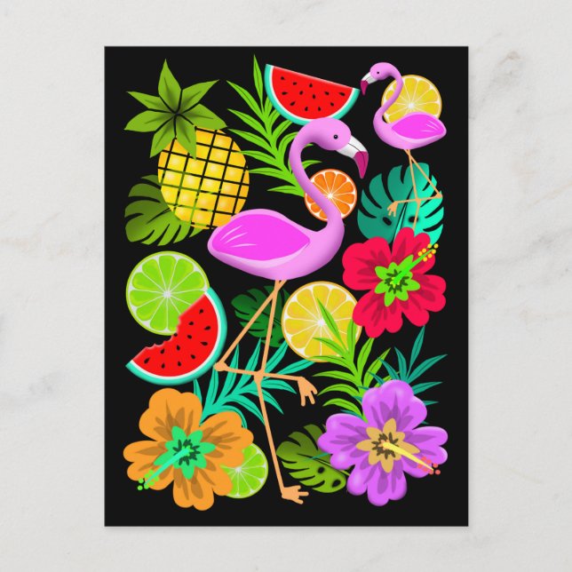 Flamingo and Summer Fruits Fun Pa Holiday Postcard (Front)