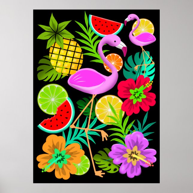 Flamingo and Summer Fruits Fun Pattern Poster (Front)
