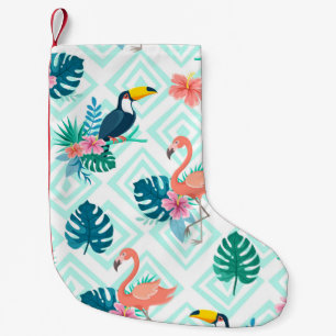 Flamingo and toucan with flowers on a background o small christmas stocking