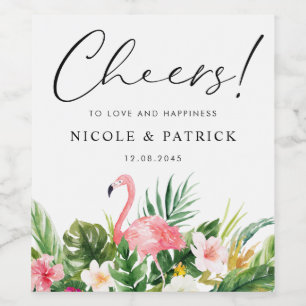 Flamingo and Tropical Flowers Summer Wedding Wine Label