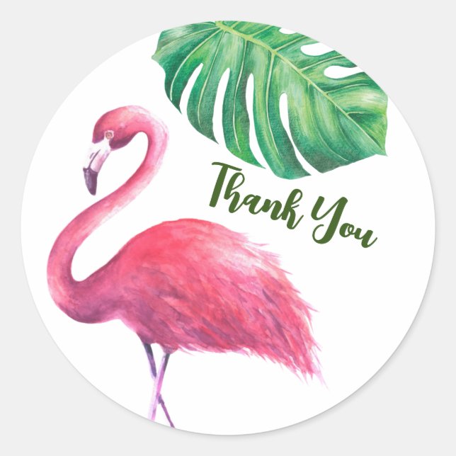 Flamingo and Tropical Leaves Thank You Classic Round Sticker (Front)