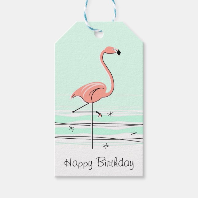 Flamingo Aqua Happy Birthday gift tags (Front)