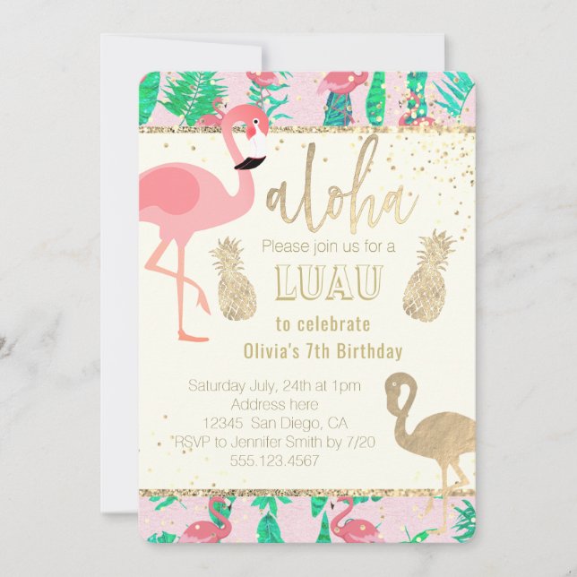 flamingo art faux gold foil luau party invitation (Front)