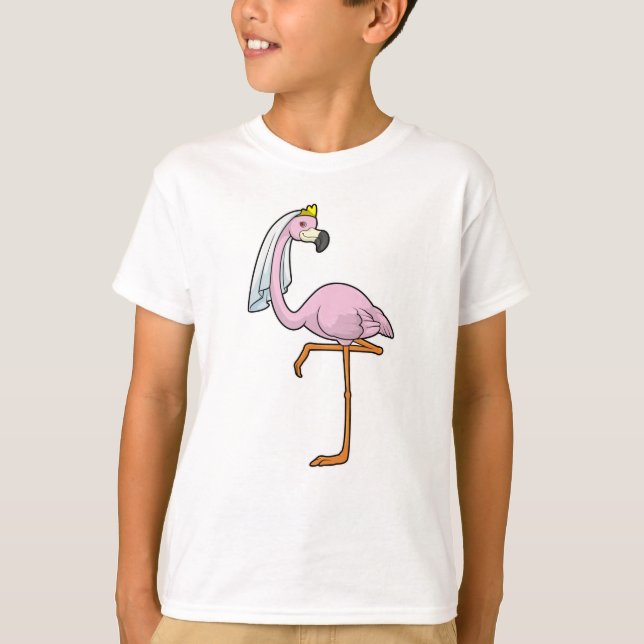 Flamingo as Bride at Wedding with Veil T-Shirt (Front)