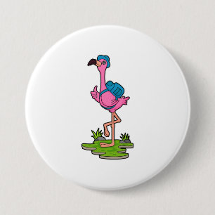 Flamingo as Hiker with Backpack 7.5 Cm Round Badge