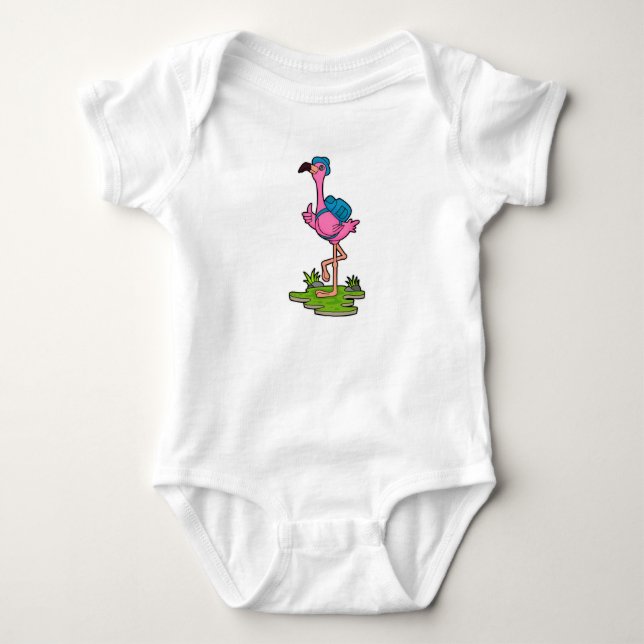 Flamingo as Hiker with Backpack Baby Bodysuit (Front)