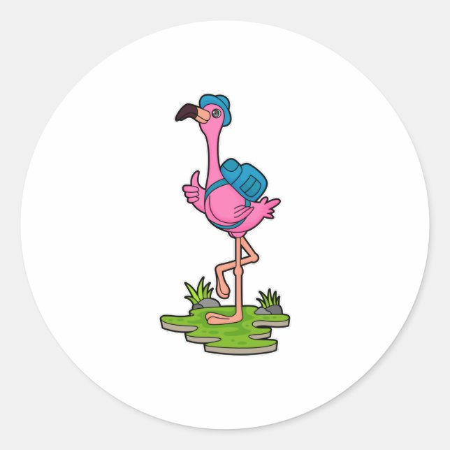 Flamingo as Hiker with Backpack Classic Round Sticker (Front)